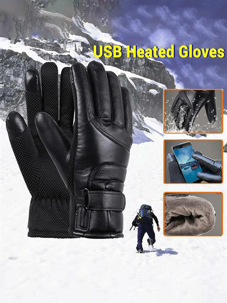 Leather Electric Heating Gloves Waterproof Outdoor Warm Hand Heating Gloves Touchscreen Hand Warmer for Hiking Skiing Fishing