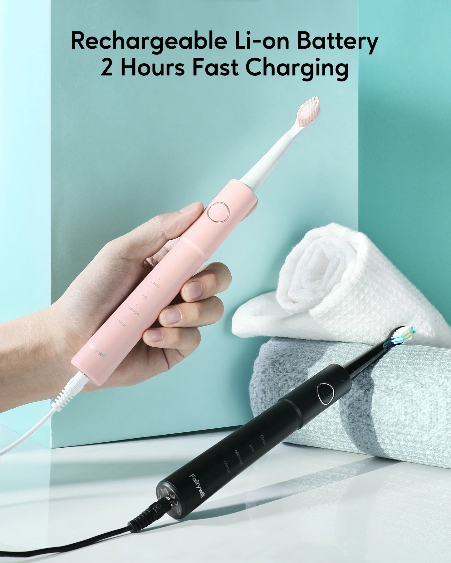 Fairywill Sonic Electric Toothbrush E11 Waterproof USB Charge With 8 Brush Replacement Heads Black and Pink Set for Couple