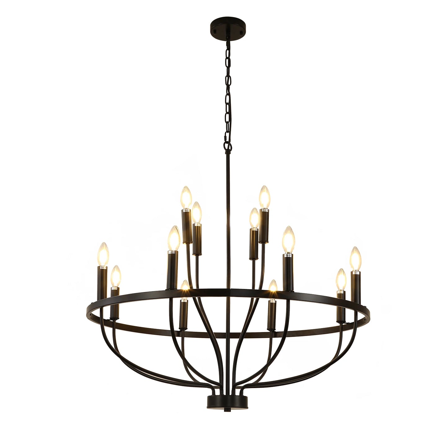 12-Light Black Chandelier Diam 33.46 Inch, Farmhouse Industrial Country Style Large Round Pendant Light Fixture for Dining Room