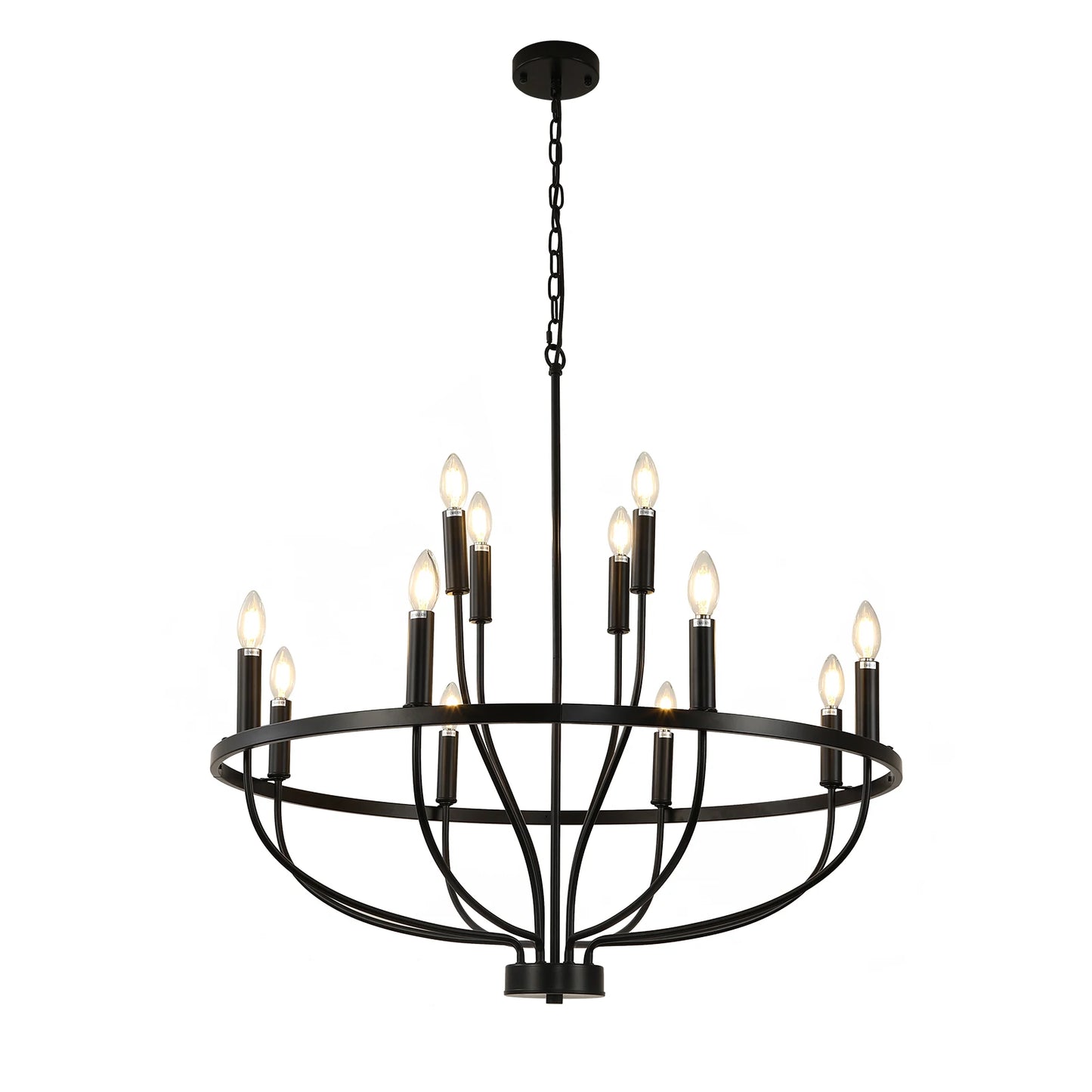 12-Light Black Chandelier Diam 33.46 Inch, Farmhouse Industrial Country Style Large Round Pendant Light Fixture for Dining Room