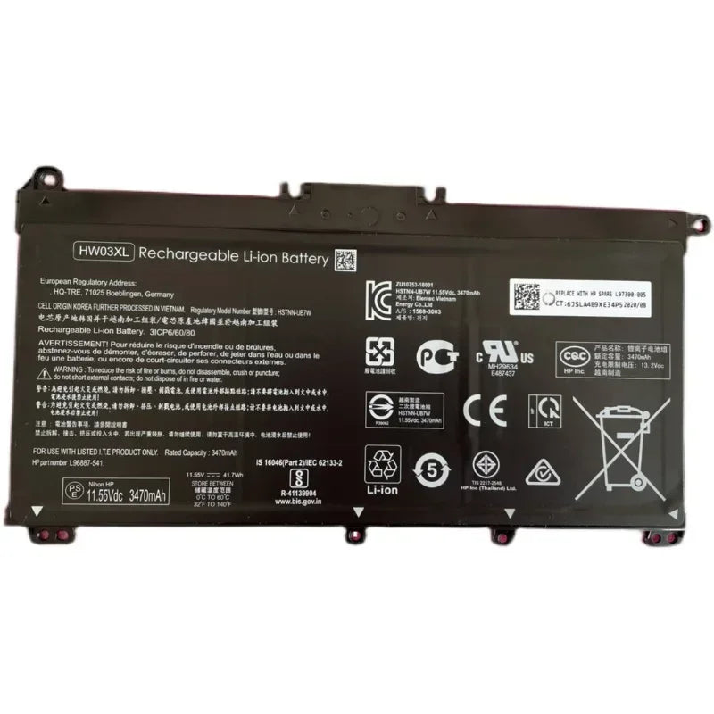 New Laptop Battery HW03XL for HP  15-EG0067ST HSTNN-IB90 LB8U L97300-005 11.55V 3600mAh 3 Cells Hp Laptop Battery