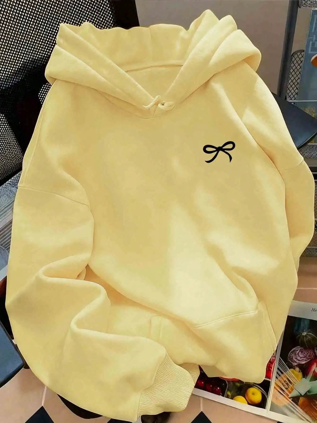 Navy Blue Oversized Hoodie with White Bow Embroidery for Women