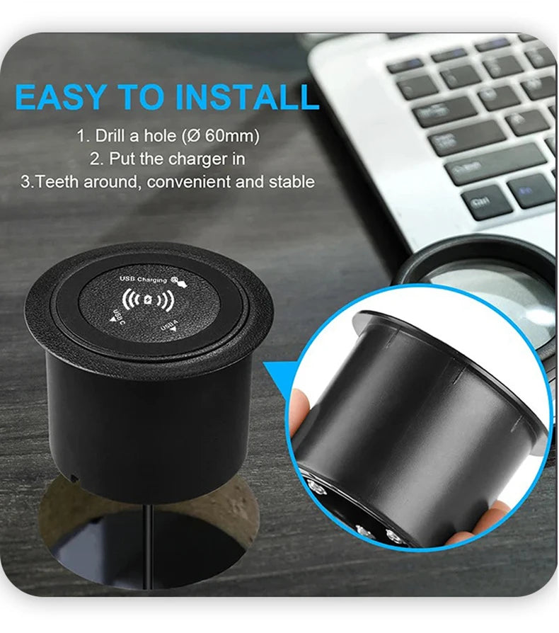 Universal Fast Wireless Charger Desktop Embedded Supports PD30W And USB Wired Charging 5V 3A Furniture Opening Desk Hole HUB
