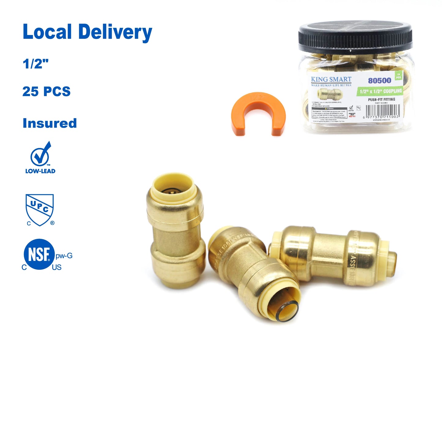 KING SMART 1/2" Push Fit * 1/2" Push Fit Coupling; 25Pcs/Case; 80500
