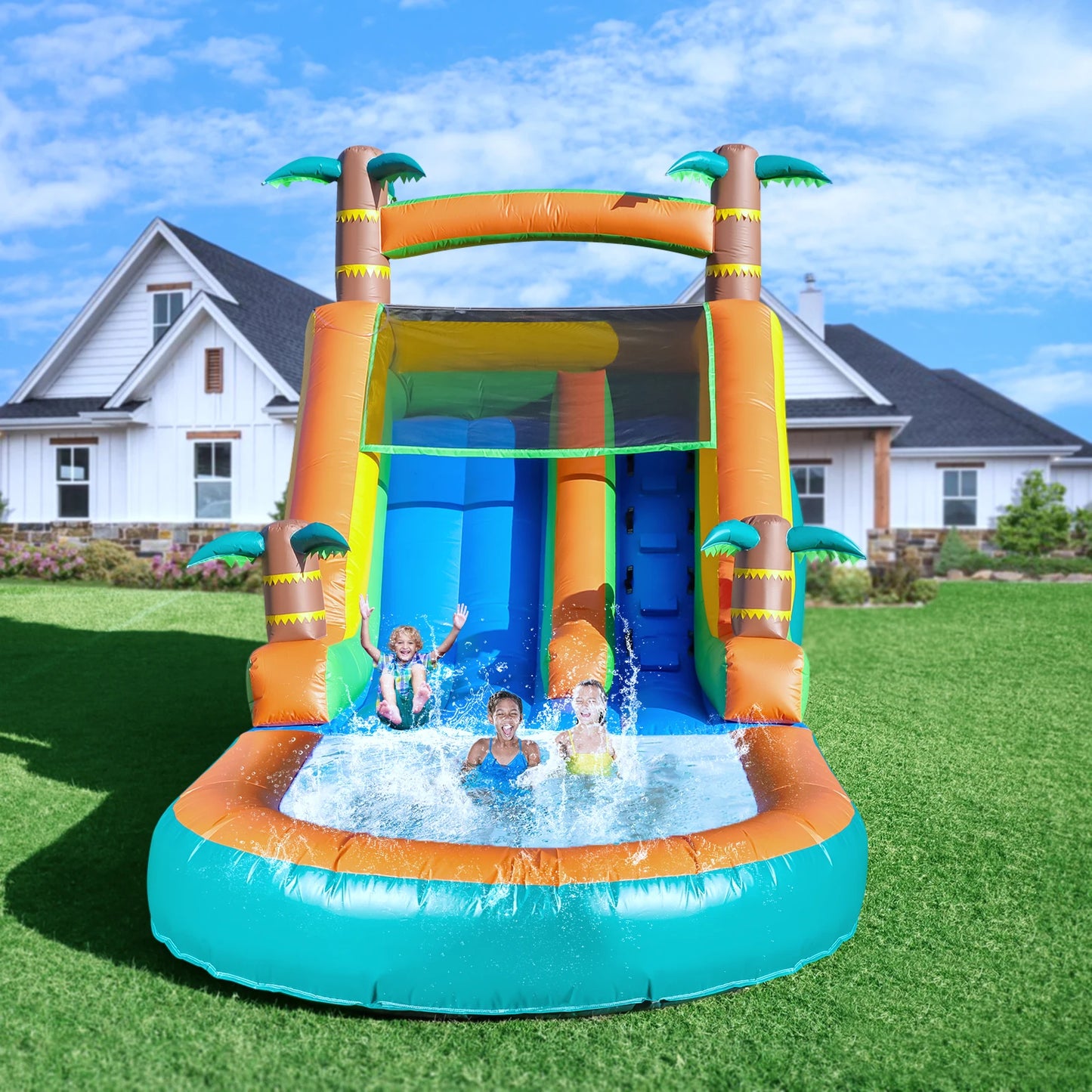 21FT Commercial Inflatable Bounce House Tropical Water Slide Pool 750w Blower Children's playground, children's toys