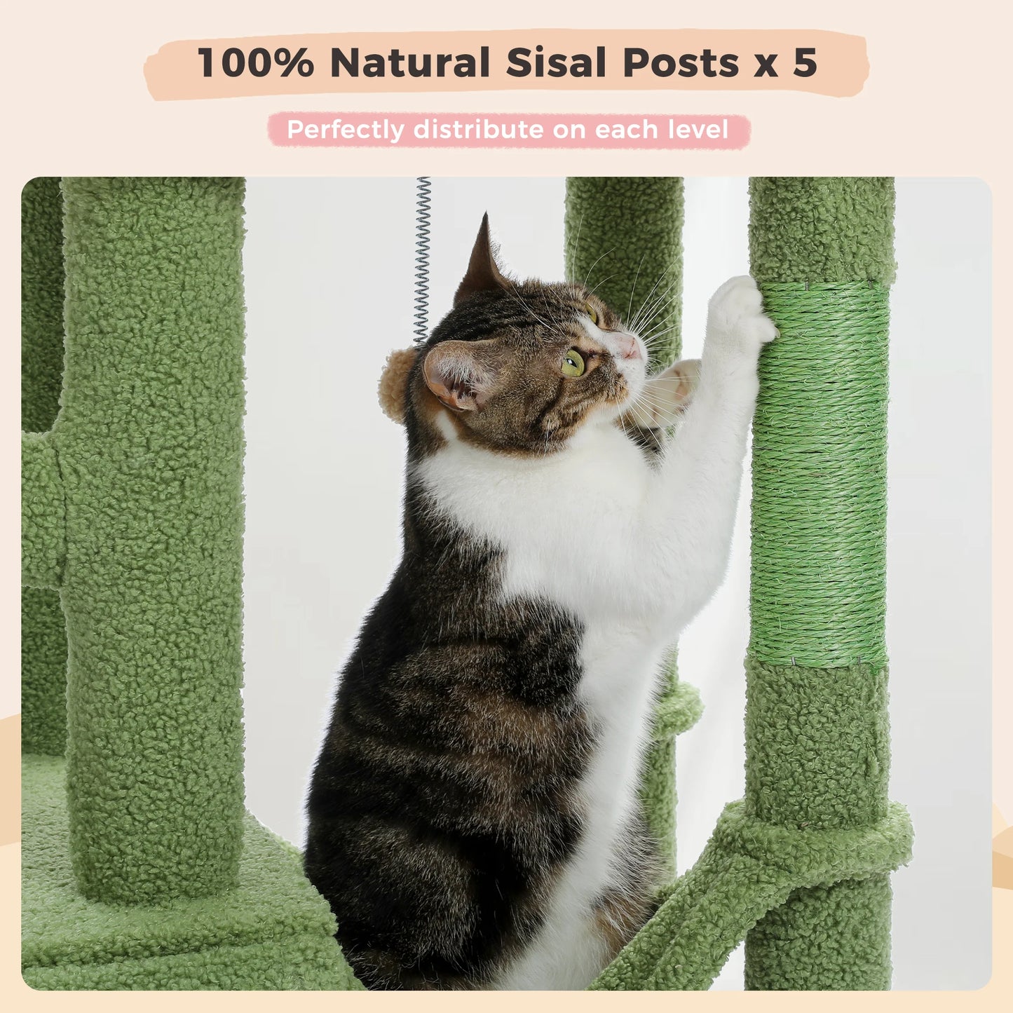 Cactus Cat Tree Floor to Ceiling Cat Tower 7 Tiers Cat Climbing Tree with Cozy Hammocks and Condos 5 Platforms Scratching Posts