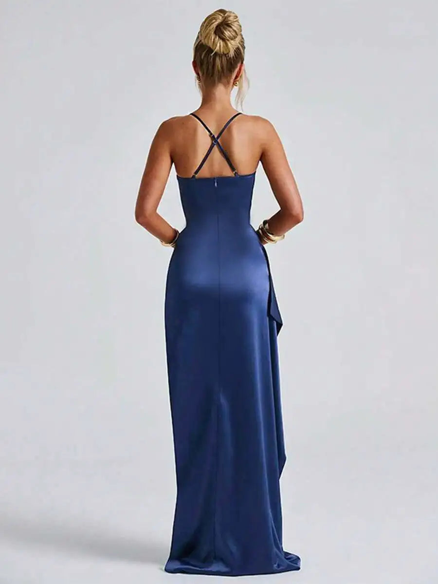 Navy Blue Satin Slip Dress with High Slit and Ruched Waist