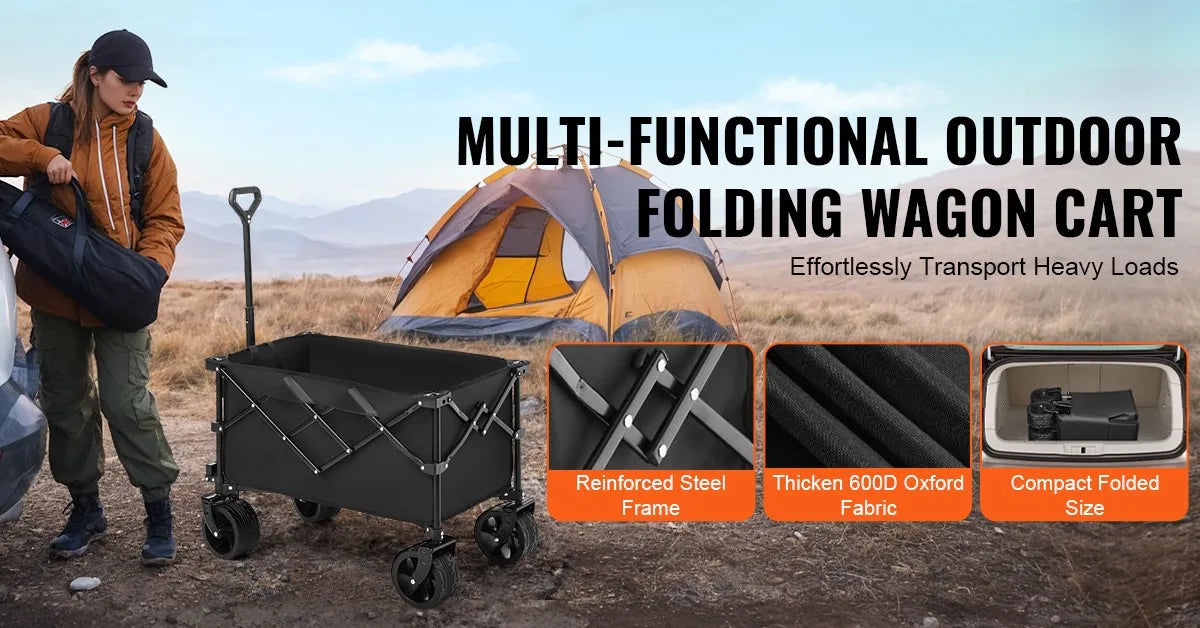 SucceBuy Collapsible Folding Wagon Beach Wagon Cart with All-Terrain Wheels Drink Holders Sports Wagon for Camping Shopping