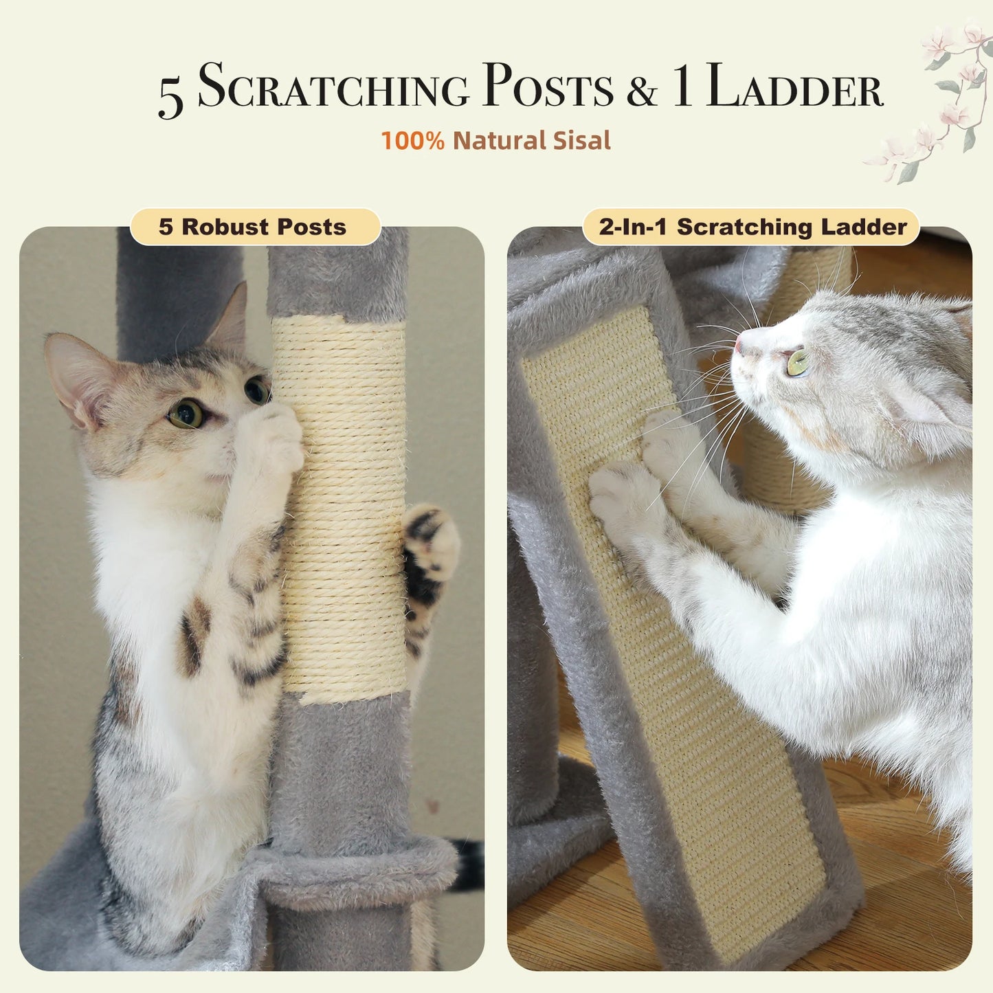 Cactus Cat Tree Floor to Ceiling Cat Tower 7 Tiers Cat Climbing Tree with Cozy Hammocks and Condos 5 Platforms Scratching Posts