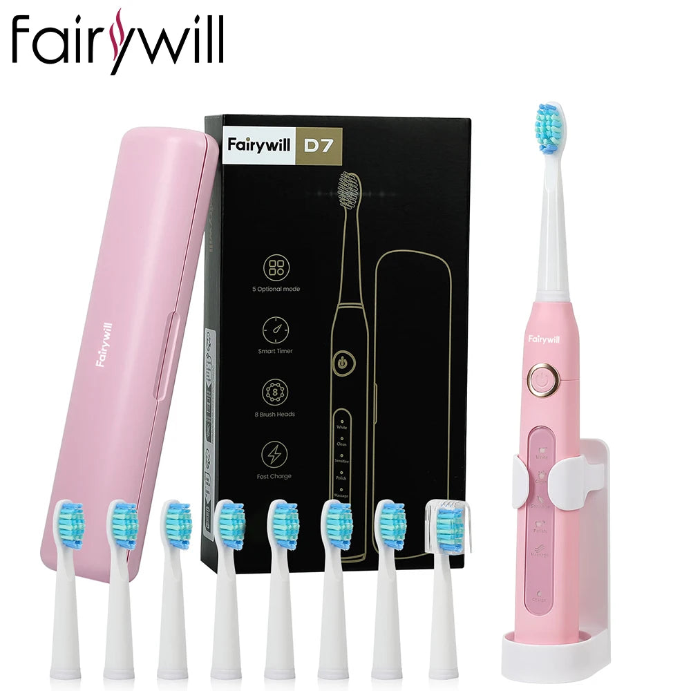 Fairywill Electric Sonic Toothbrush FW-D7 USB Charge Rechargeable Adult Waterproof Electronic Tooth Brushes Replacement Heads 8