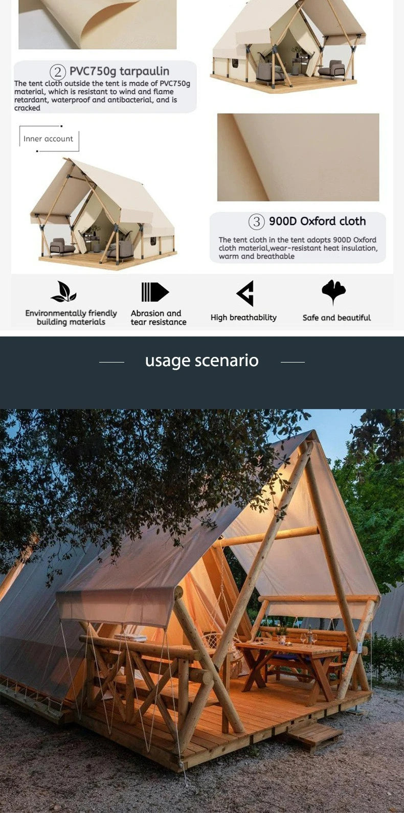 Triangle Design Glamping House Wooden Frame 4 Season Camping Wind Resistant Shelter For Restaraunt Backyard Garden Resort Event