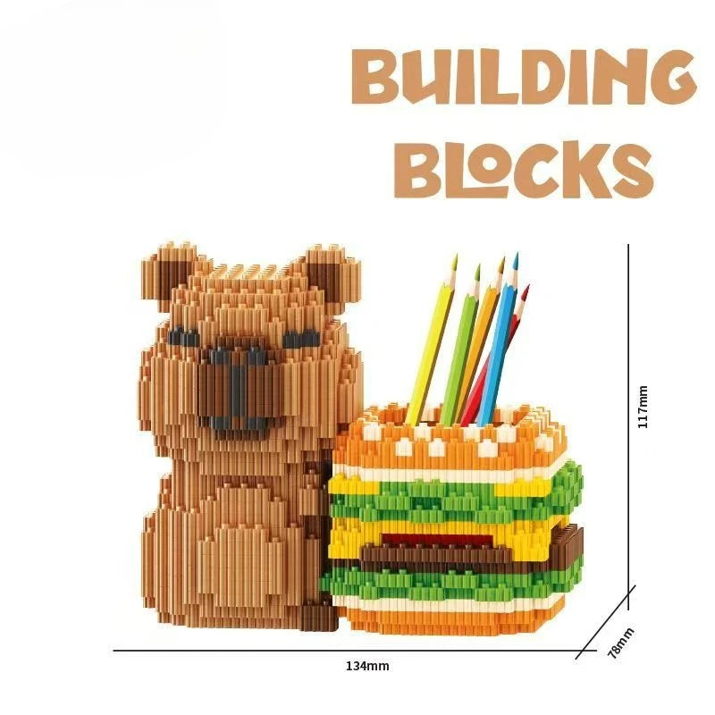 Capybara Building Block Pen Holder Panda Desk Organizer for Office Supplies Cosmetics Birthday Gift Desktop Decoration