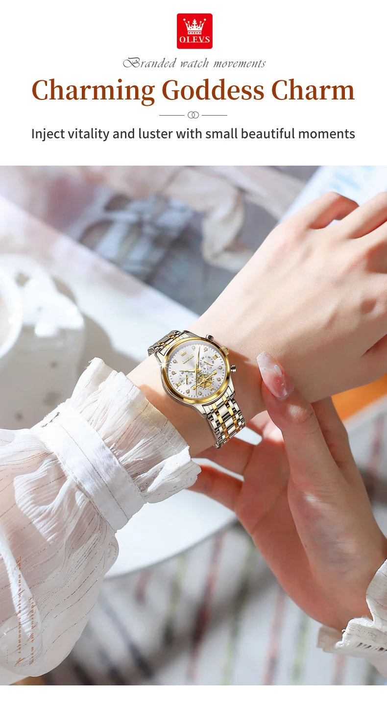 OLEVS Flywheel Skeleton Women Quartz Watch Stainless steel Chronograph Waterproof Luminous Ladies Bracelet Watch for Women Set