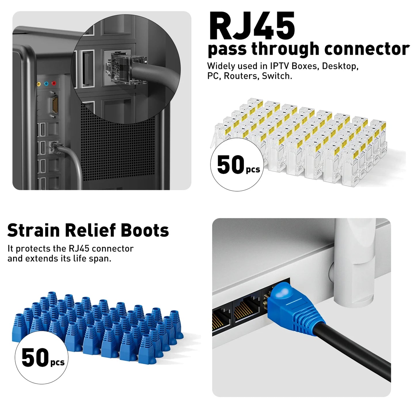 ZoeRax RJ45 CAT6 CAT5E Crimp Tool Kit,Crimp tool,Cable Tester,Wire Cutter and Stripper,Blade,50PCS Connectors and Boots
