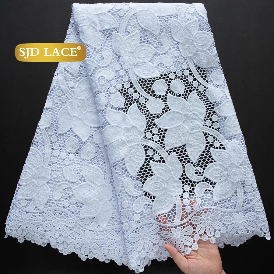 SJD LACE African Sequins Guipure Cord Lace Fabrics 5 Yards White 2026 New Nigerian Water Soluble Lace For Women Dresses Sew 4197