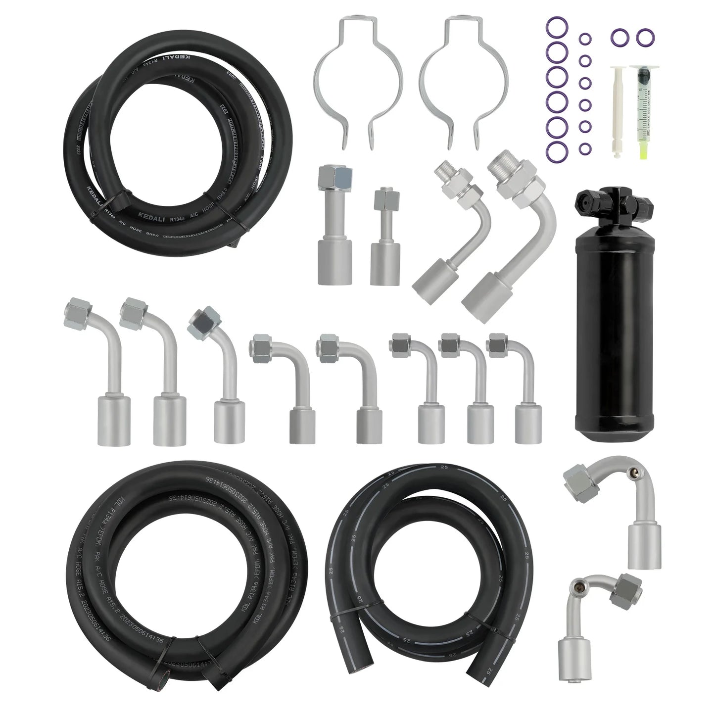 Universal 134a Air Conditioning Hose Kit & Black Drier & O-Ring Fittings