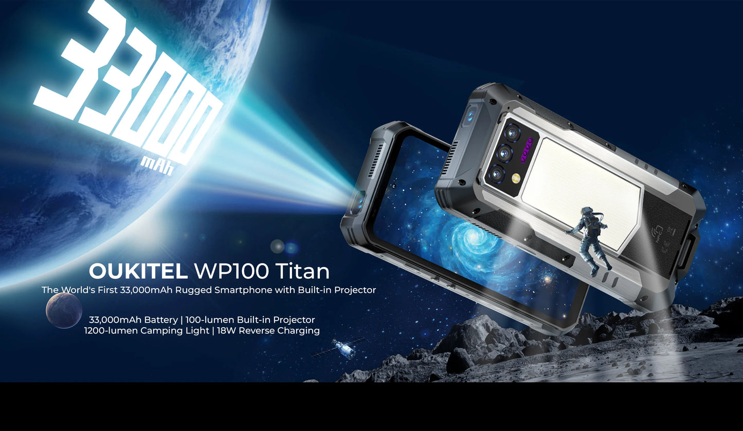 Oukitel WP100 Titan Rugged Phone 33000mAh 66W Charger 200MP Camera Built-in Projector Camping Light CellPhone, 36GB(12+24)+512GB