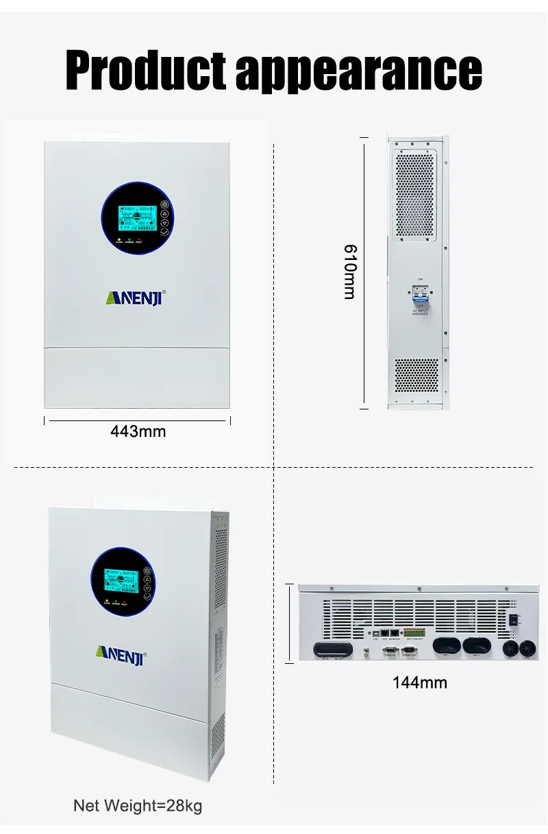 ANENJI Split Phase 12KW 48V Hybrid Solar Inverter 120V 220V Parallel Inverter Pure Sine On Grid MPPT 200A Solar Charger PV 500V