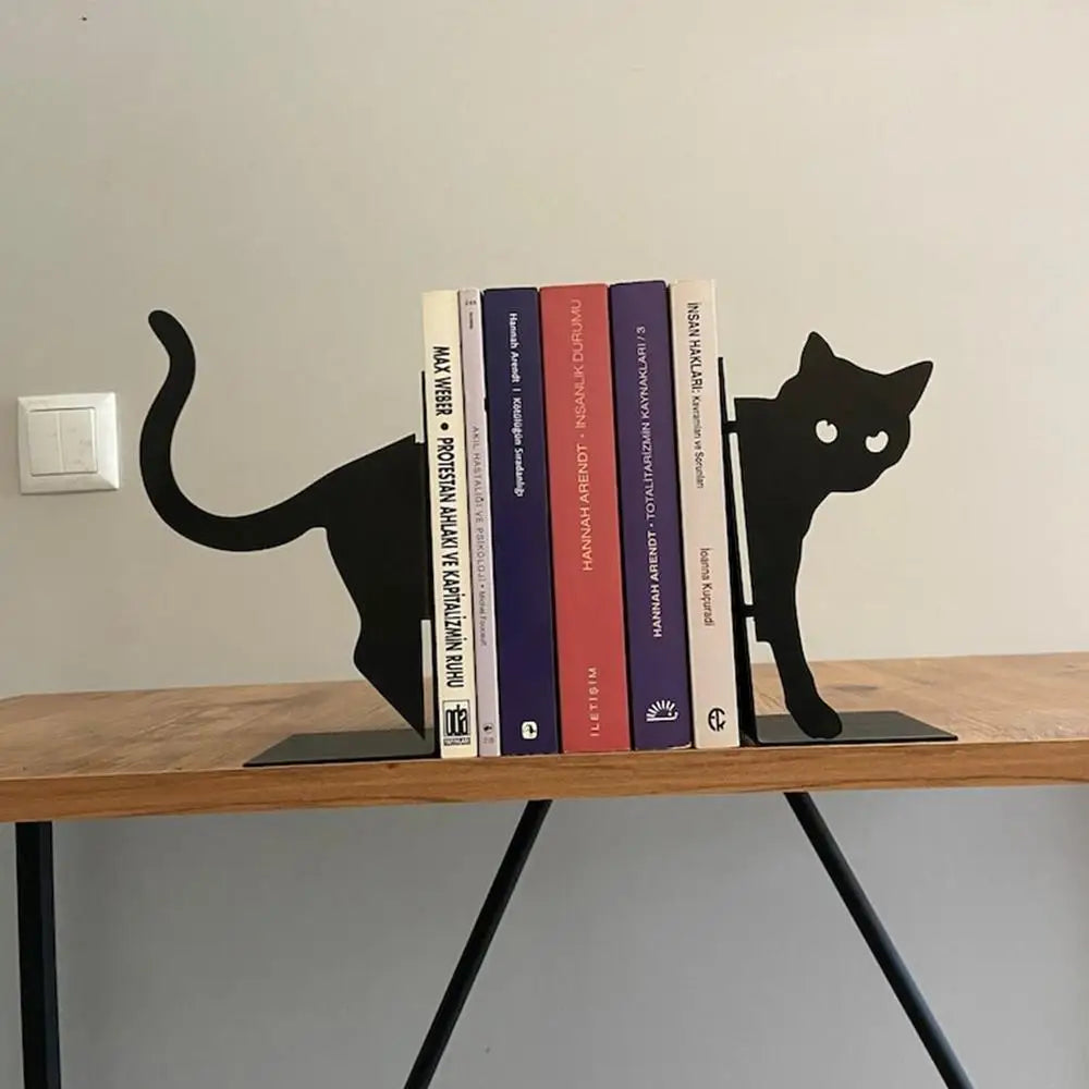 Metal Animal Bookends 1 Pair Cute Cat Bookends For Heavy Books Black Bookends Creative And Cute Cat Shape Desktop Organizer