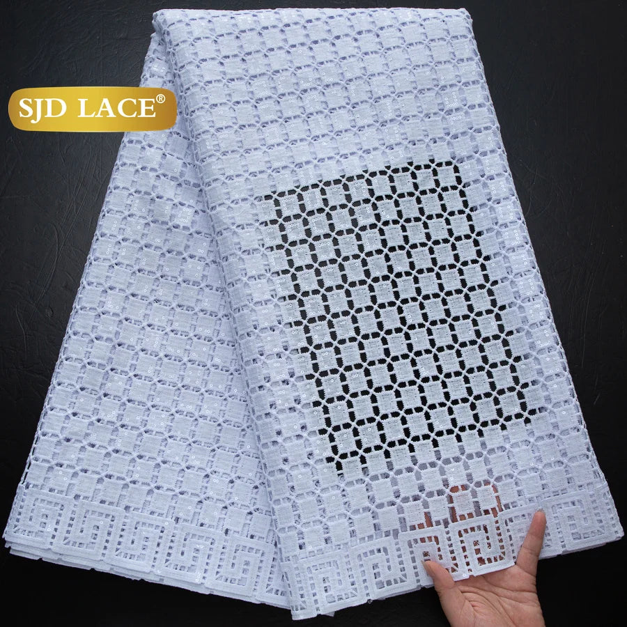 SJD LACE African Sequins Guipure Cord Lace Fabrics 5 Yards White 2026 New Nigerian Water Soluble Lace For Women Dresses Sew 4197