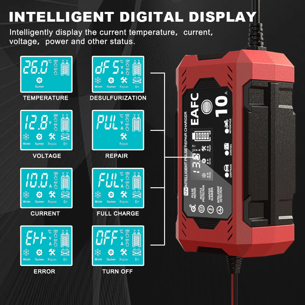 EAFC 12V 10A Car Battery Charger 6A Full Smart Charger Pulse Repair LCD Display Fast Charging Car Motorcycle AGM Gel Wet