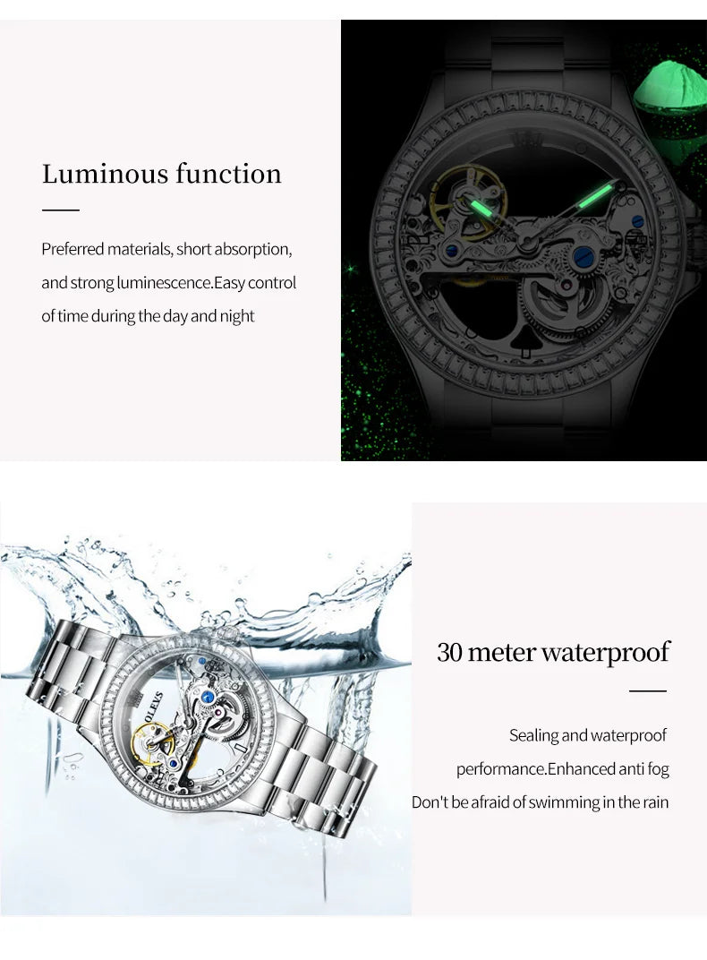OLEVS 6699 Automatic Mechanical Women's Watch Transparent 40mm Big Dial Design Bracelet Watch Set Gift Luxury Watch for Women