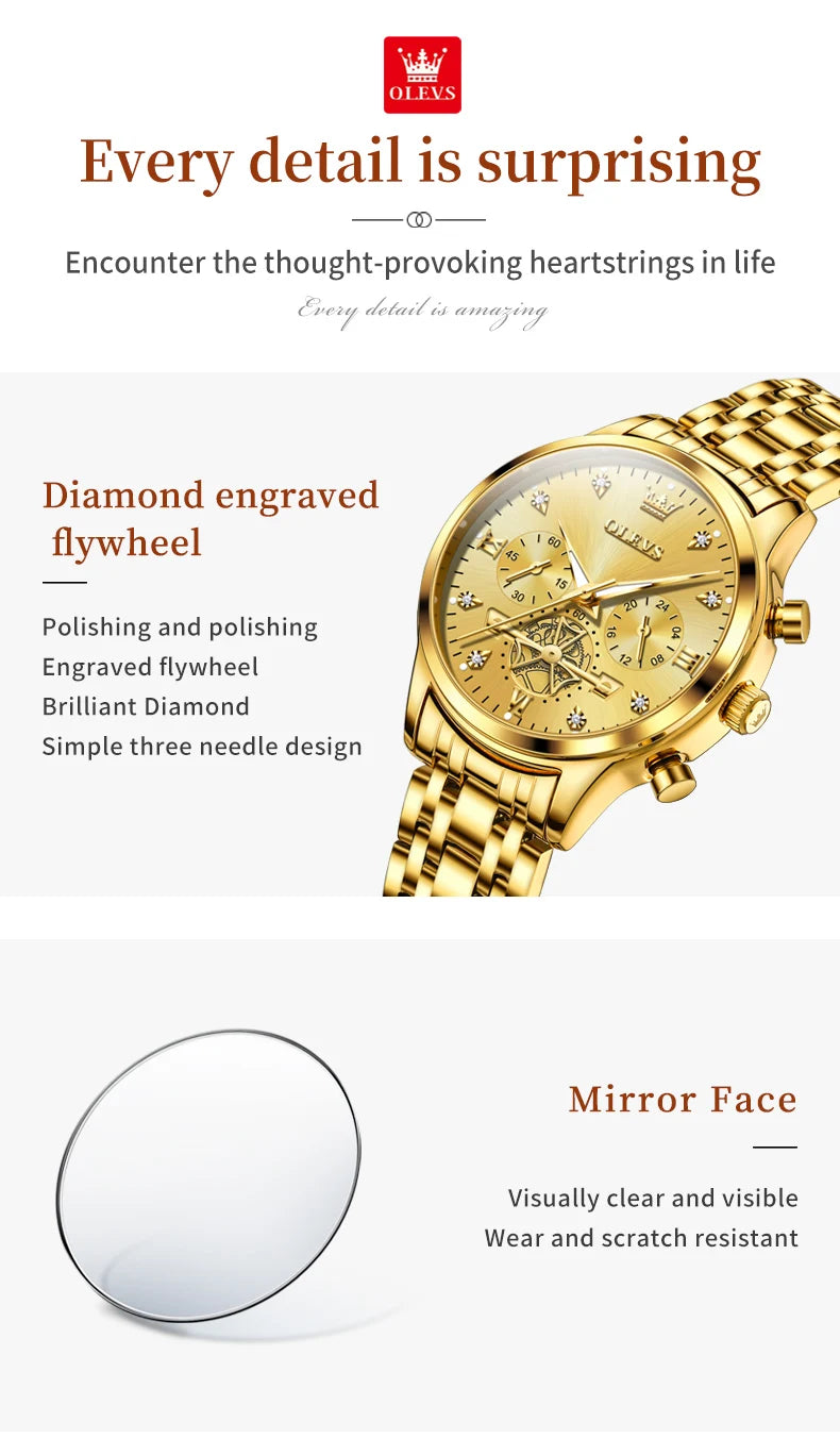 OLEVS Flywheel Skeleton Women Quartz Watch Stainless steel Chronograph Waterproof Luminous Ladies Bracelet Watch for Women Set