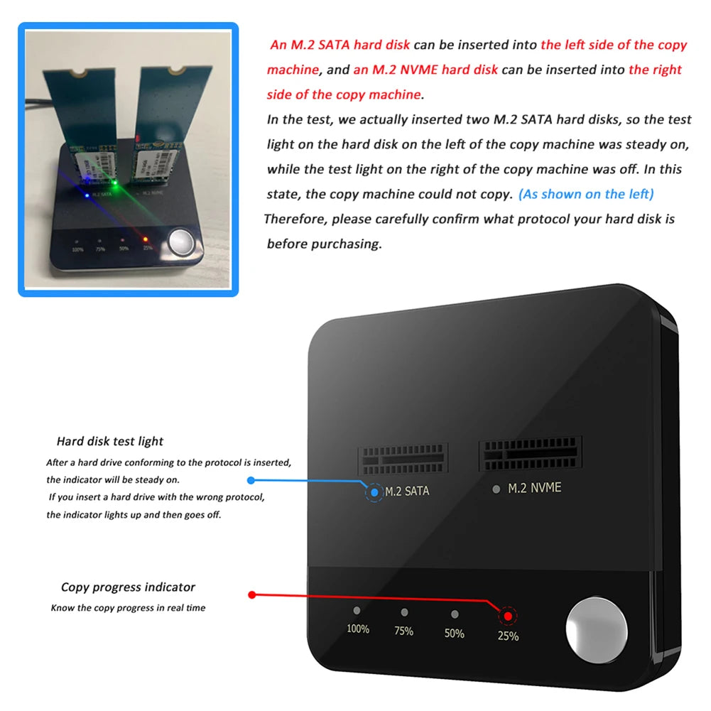 M.2 SATA/NVMe Dual-Bay Hard Drive Docking Station Clone Duplicaotr Offline Clone M.2 Cloner Data Transmission with LED Indicator