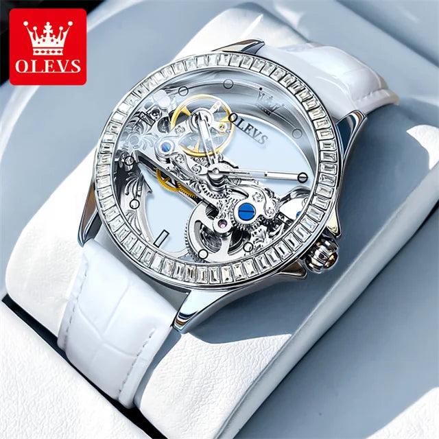 OLEVS 6699 Fully Hollowed Mechanical Watch for Women Luxury Elegant Diamond Bezel Ladies Wristwatch Top Automatic Women's Watch