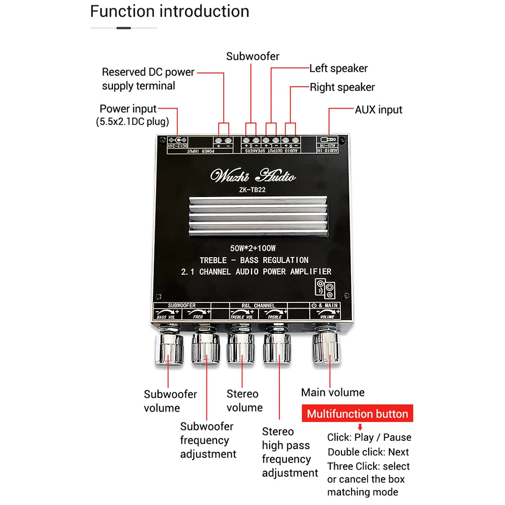 HIFI ZK-TB22/ZK-TB21F TPA3116 50w+50w+100wBluetooth 5.1 Audio Bass Power Amplifier Board Stereo Tweeter Subwoofer With Phone APP