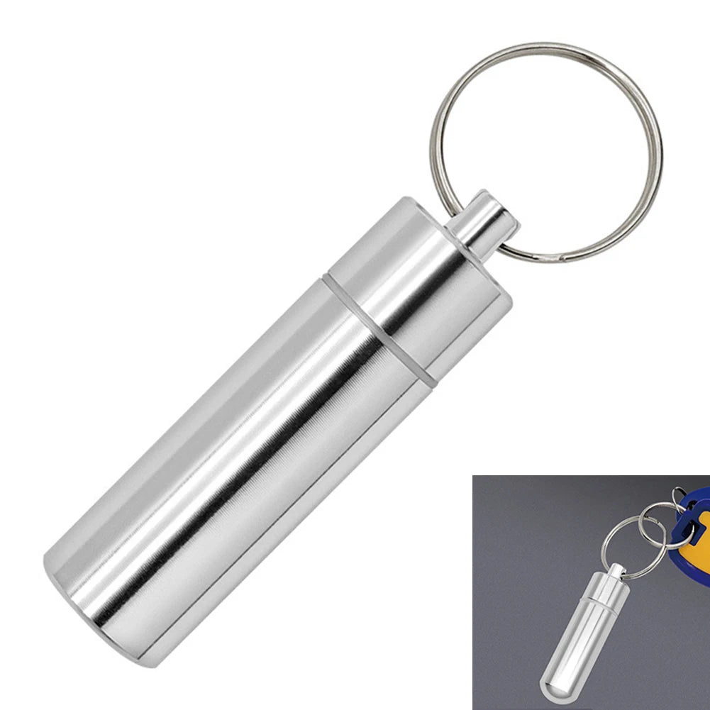 Keychain Pill Box Case Bottle Portable Waterproof Elderly First Aid Pill Case Aluminum Alloy for Outdoor Travel Camping