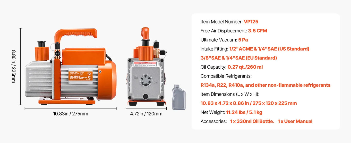 SucceBuy Vacuum Pump & Oil Bottle 3.5CFM/4CFM/5CFM 1-Stage or 6CFM 9CFM 2-Stage, R134a R22 R410a Systems Conditioner Maintenance