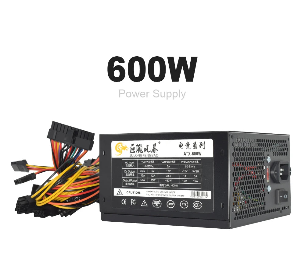 110/230V ATX 400W 600W RGB Colorful Silent Fan PSU 24Pin 12V Desktop E-Sports Video Game Computer Power Supply