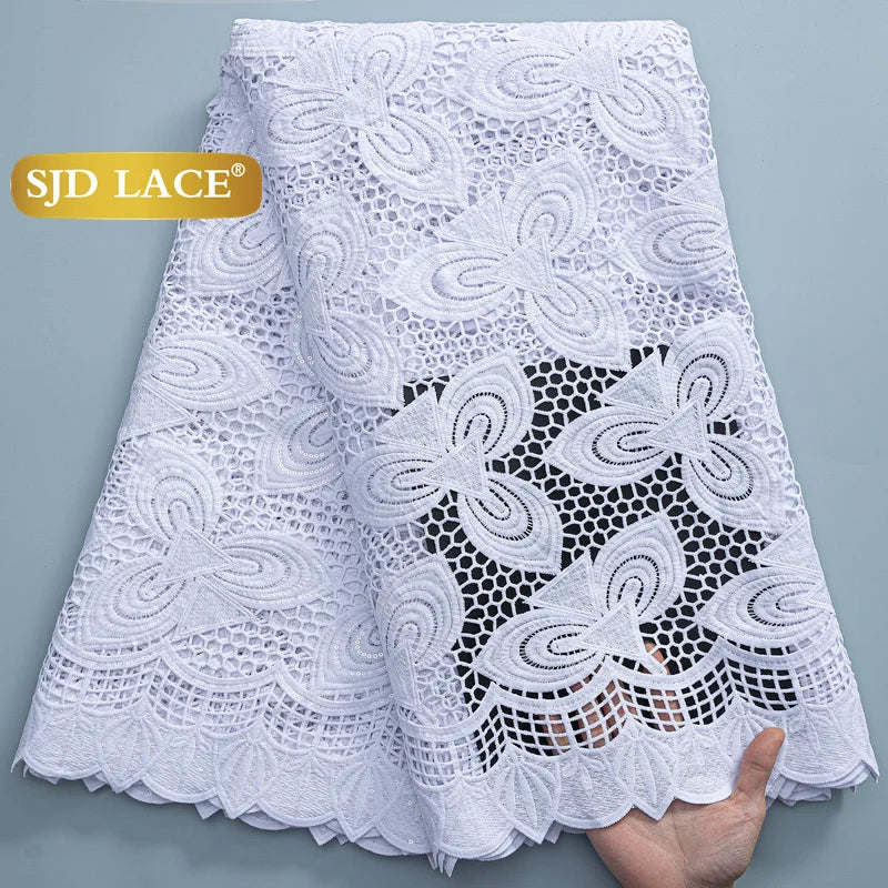 SJD LACE African Sequins Guipure Cord Lace Fabrics 5 Yards White 2026 New Nigerian Water Soluble Lace For Women Dresses Sew 4197