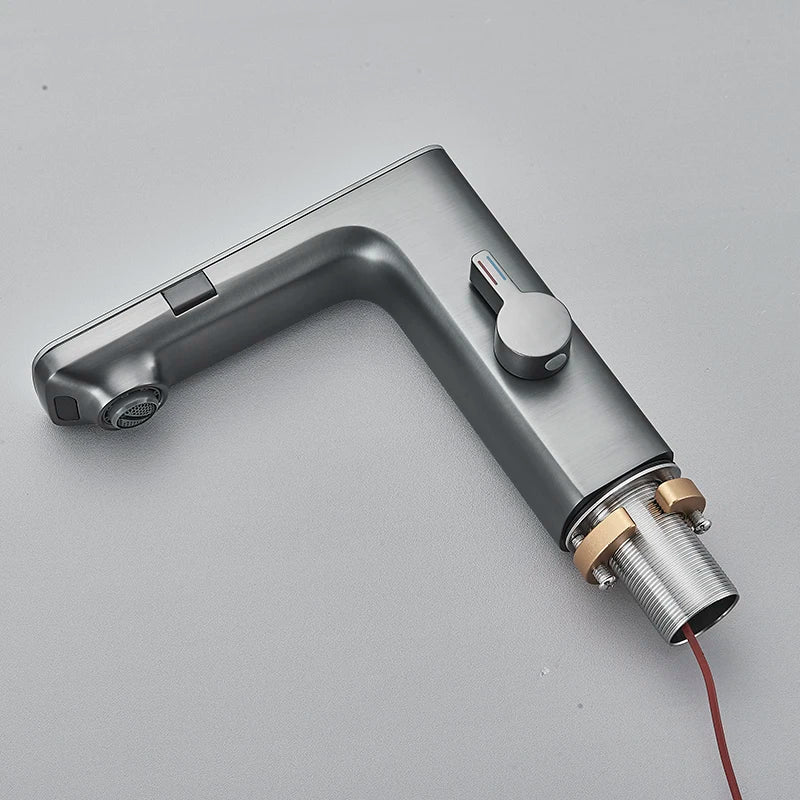 Luxury Silver Gray Smart LCD Daul Sensor Bathroom Basin Faucet Zinc Alloy Deck Mount Cold Hot Water Mixer Bathroom Sink Tub Tap