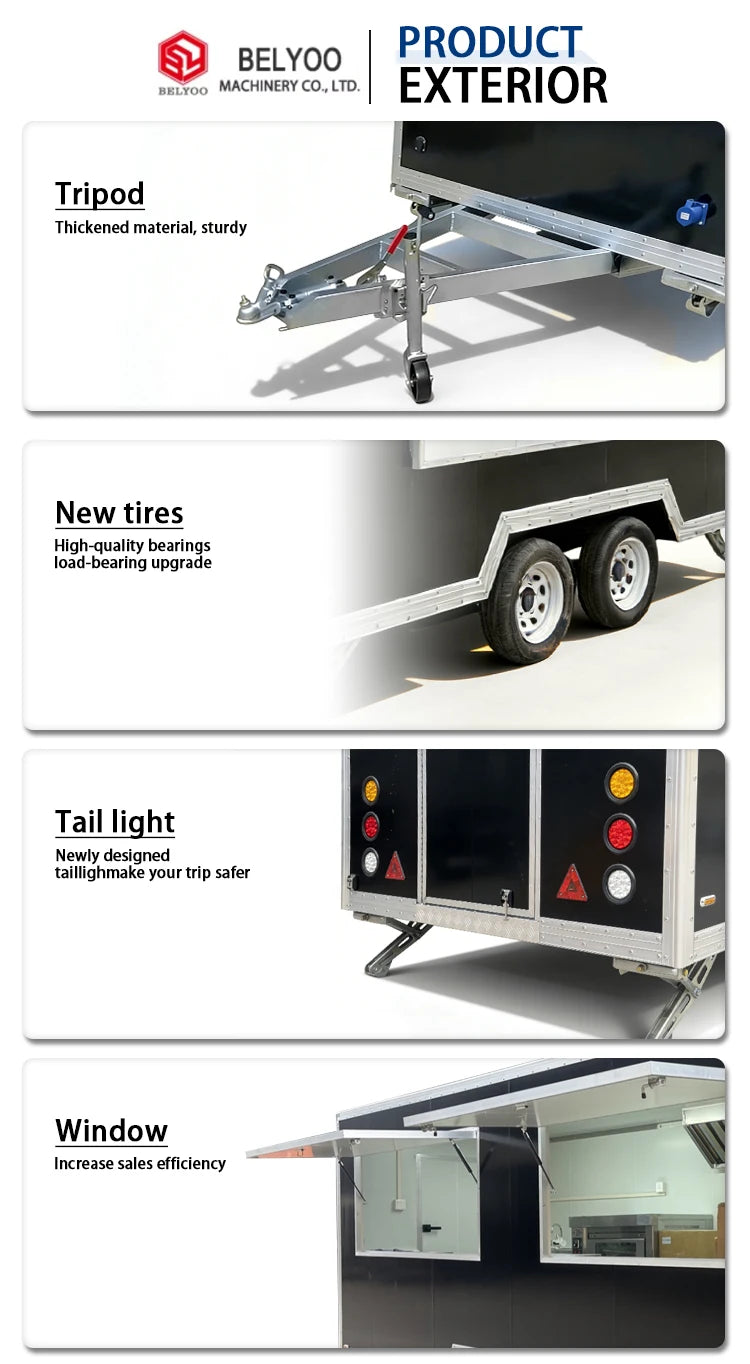 Belyoo Fast Food Truck Mobile BBQ Trailer Ice Cream Cart Concession Trailer Juice Vending Car Food Kiosk Trailers Fully Equipped