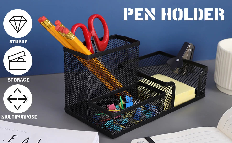 Black Mesh Desk Organizer - 3-Tier Storage with Pencil Holder & Baskets,Office Supplies Organizer for Desktop, Home & School Use