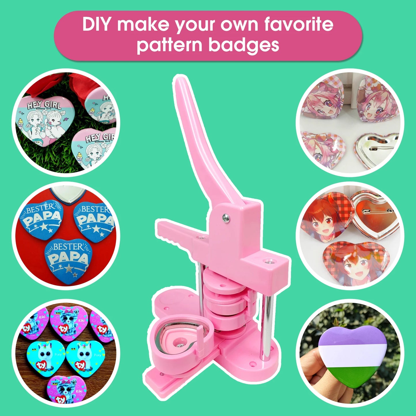 Heart-Shaped Button Maker Machine, DIY Pin Button Maker Press Machine Kit (Pink) Great gift