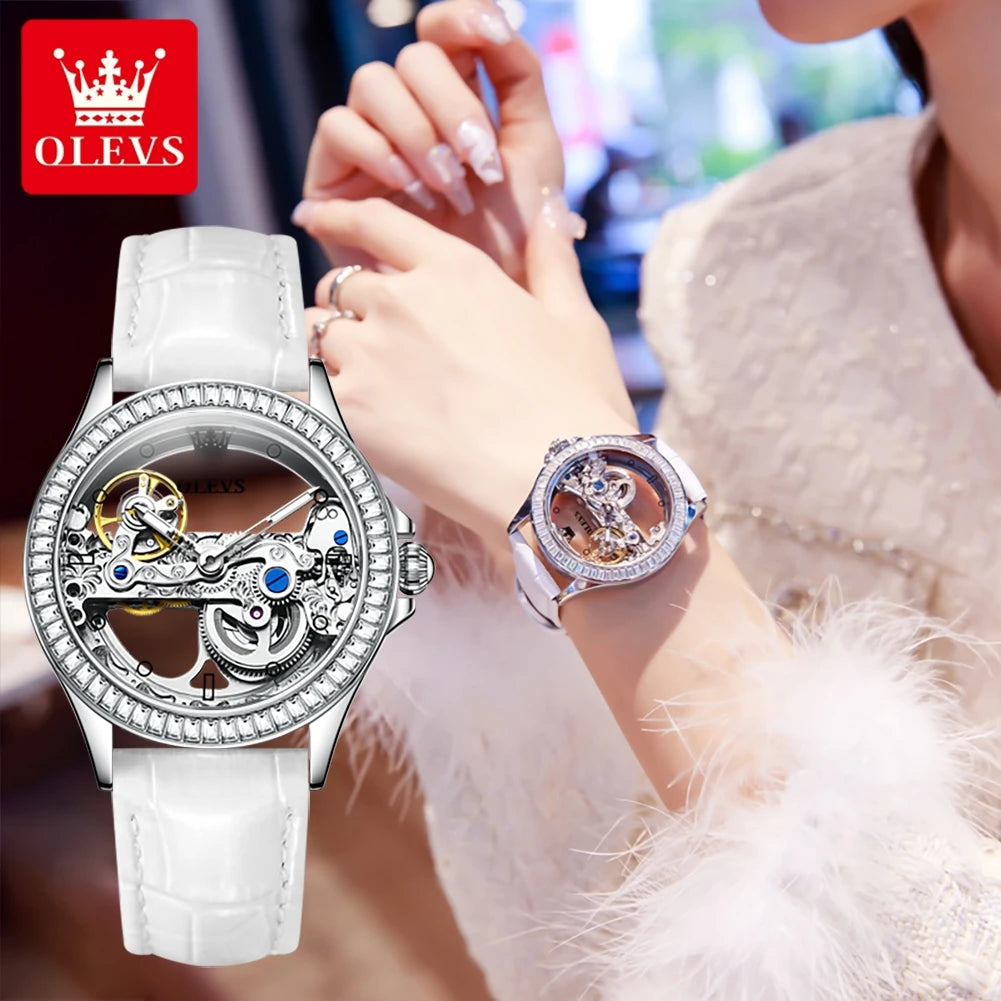 OLEVS 6699 Fully Hollowed Mechanical Watch for Women Luxury Elegant Diamond Bezel Ladies Wristwatch Top Automatic Women's Watch