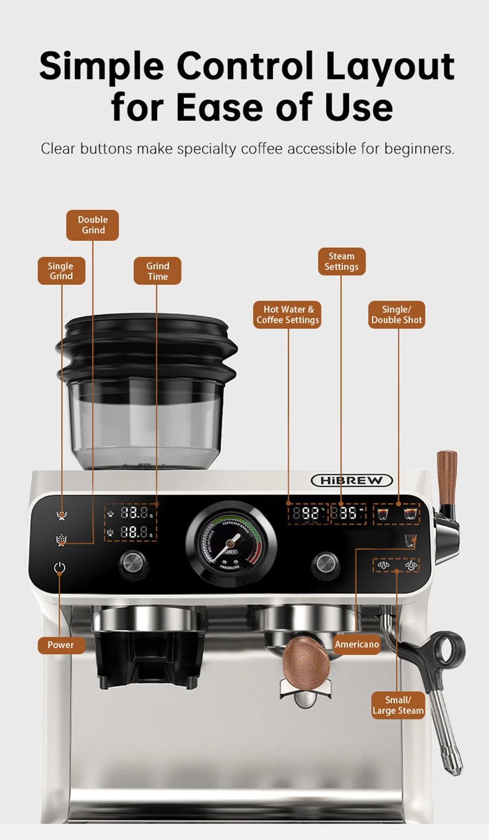 HiBREW Upgraded Dual Boiler Barista Pro Espresso Machine Built-in Grinder With 30 Size Settings for Cafe Hotel Restaurant H7B