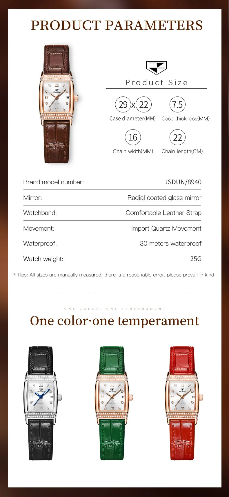 JSDUN Woman Watch Luxury Diamond Dial Comfortable Leather Watchband Fashion Square Rose Gold Quartz Wristwatches Montre Femme