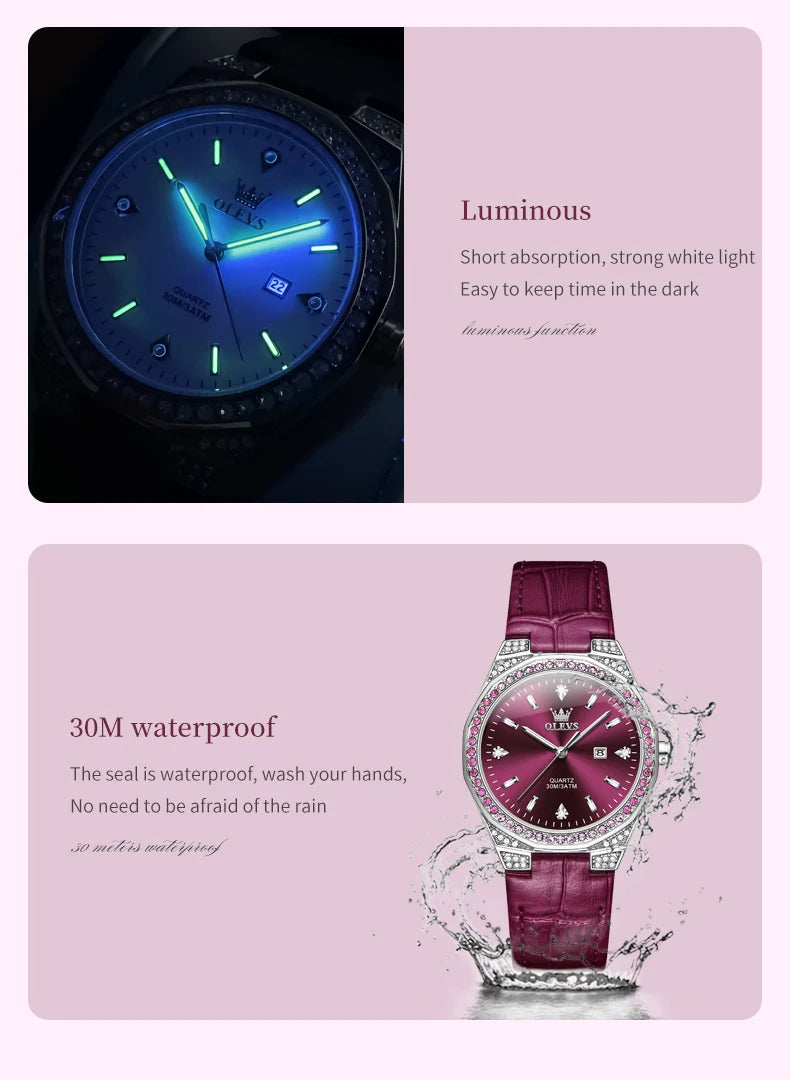 OLEVS Original Women's Watches Diamond Lap Fashion Leather Strap 3m Waterproof Luminous Ladies Wristwatch Quartz Watch for Women