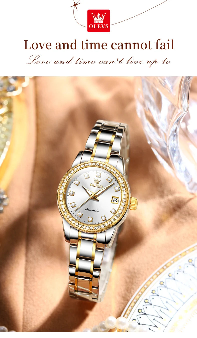 OLEVS Automatic Watch for Women Diamond Gold Luxury Stainless steel Elegant Original Women's Automatic Watch Necklace Gift Set