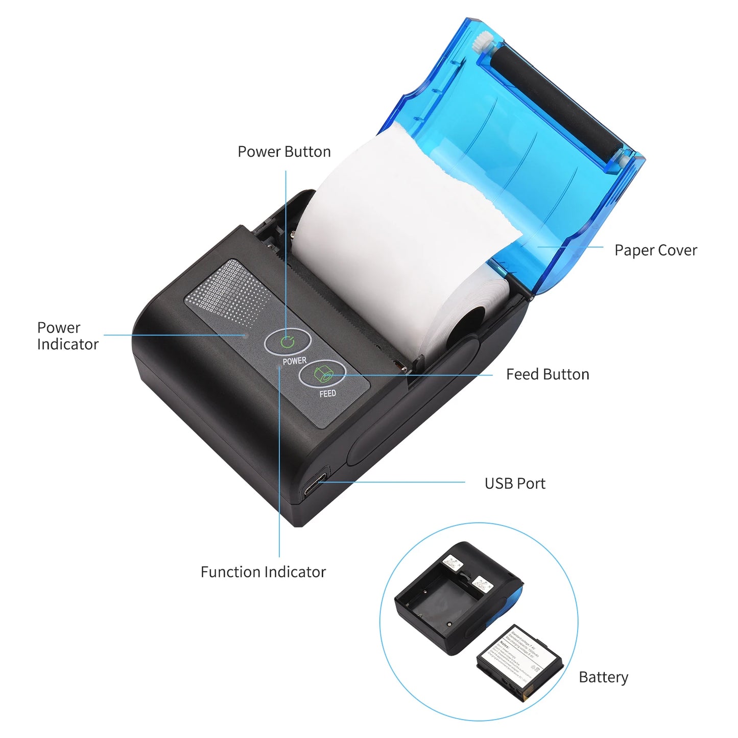 Bisofice Portable Mini Thermal Printer 2 Inch Wireless USB Receipt Bill Ticket Printer with 58mm Print Paper Compatible