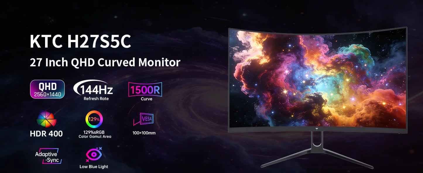 KTC H27S5C 27" Curved Gaming Monitor, 1440P QHD 144Hz 120Hz Monitor 1500R HVA Panel, HDR400, Adaptive Sync, 400nits