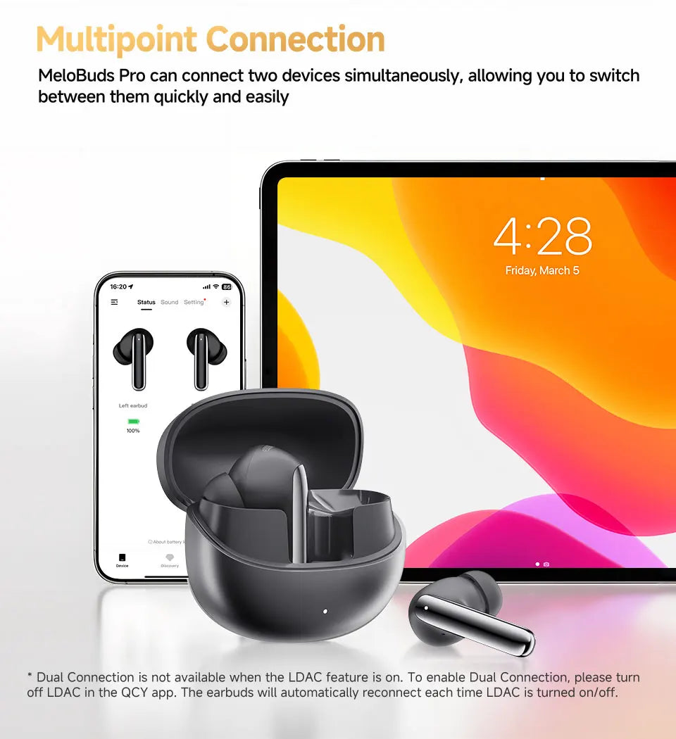 QCY MeloBuds Pro ANC Wireless Earphones 46dB Active Noise Cancellation Earbud Bluetooth 5.3 Hi-Res Audio with LDAC Headphones