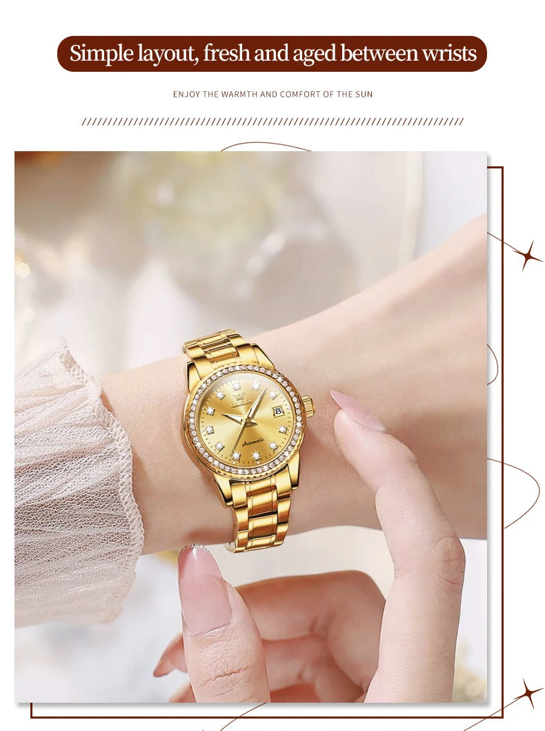 OLEVS Automatic Watch for Women Diamond Gold Luxury Stainless steel Elegant Original Women's Automatic Watch Necklace Gift Set