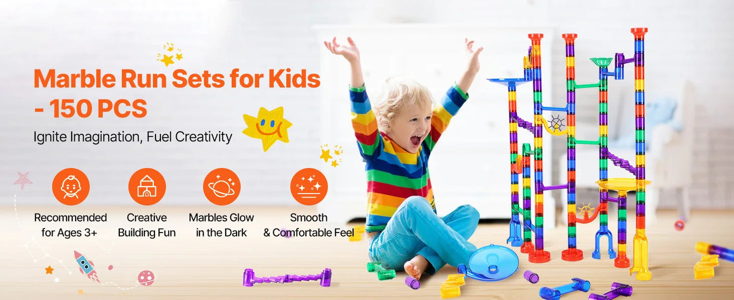 SucceBuy 150PCs Marble Run Set Marble Maze Building Block Brain Game 10 Glow in the Dark Marbles +40 Glass Marbles Track Toys