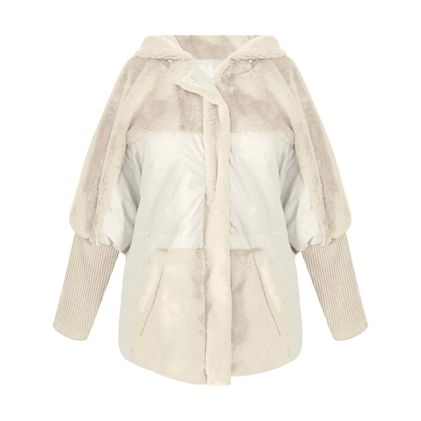 Women's Loose Cotton Coat Faux Fur Patchwork Winter Coat Comfort Chic Long Sleeve Hooded Jacket