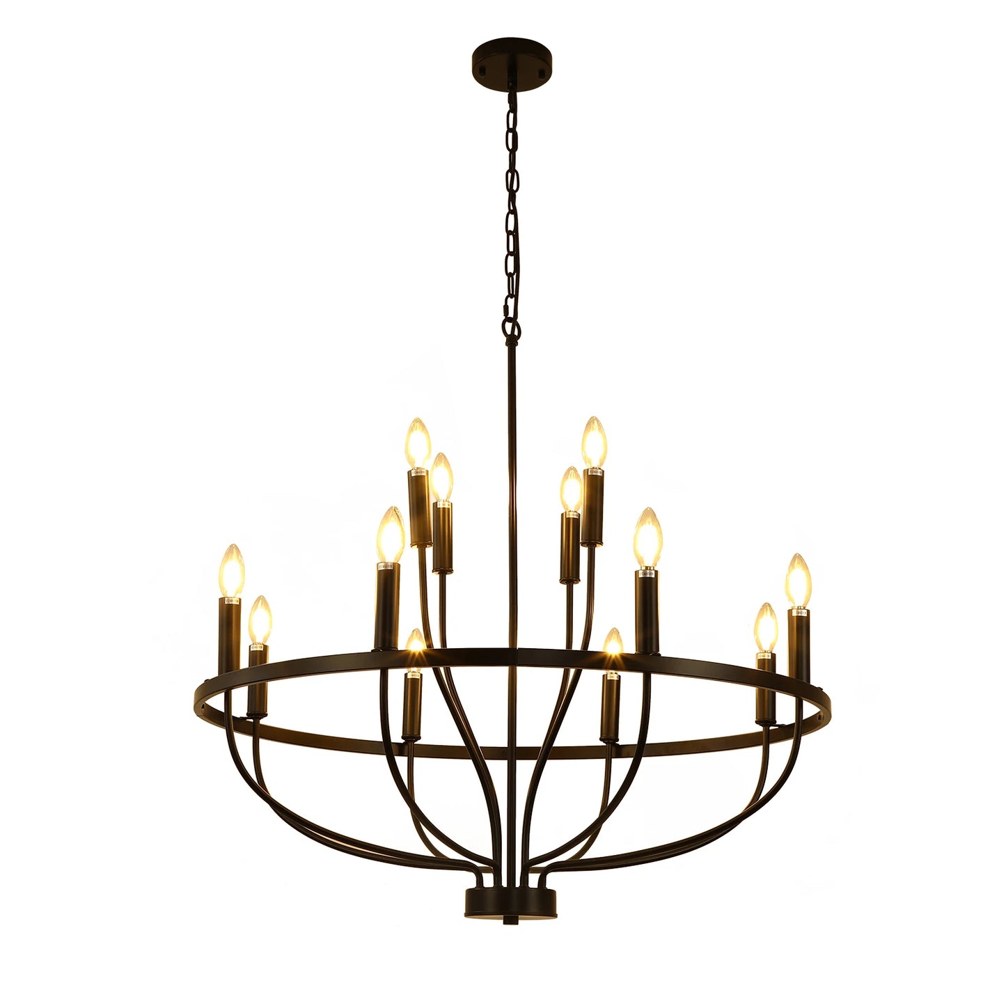 12-Light Black Chandelier Diam 33.46 Inch, Farmhouse Industrial Country Style Large Round Pendant Light Fixture for Dining Room